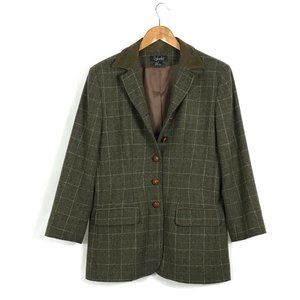 Rafaella Wool Blazer Women's Size 8 L Olive Green Tweed Check Suede Collar